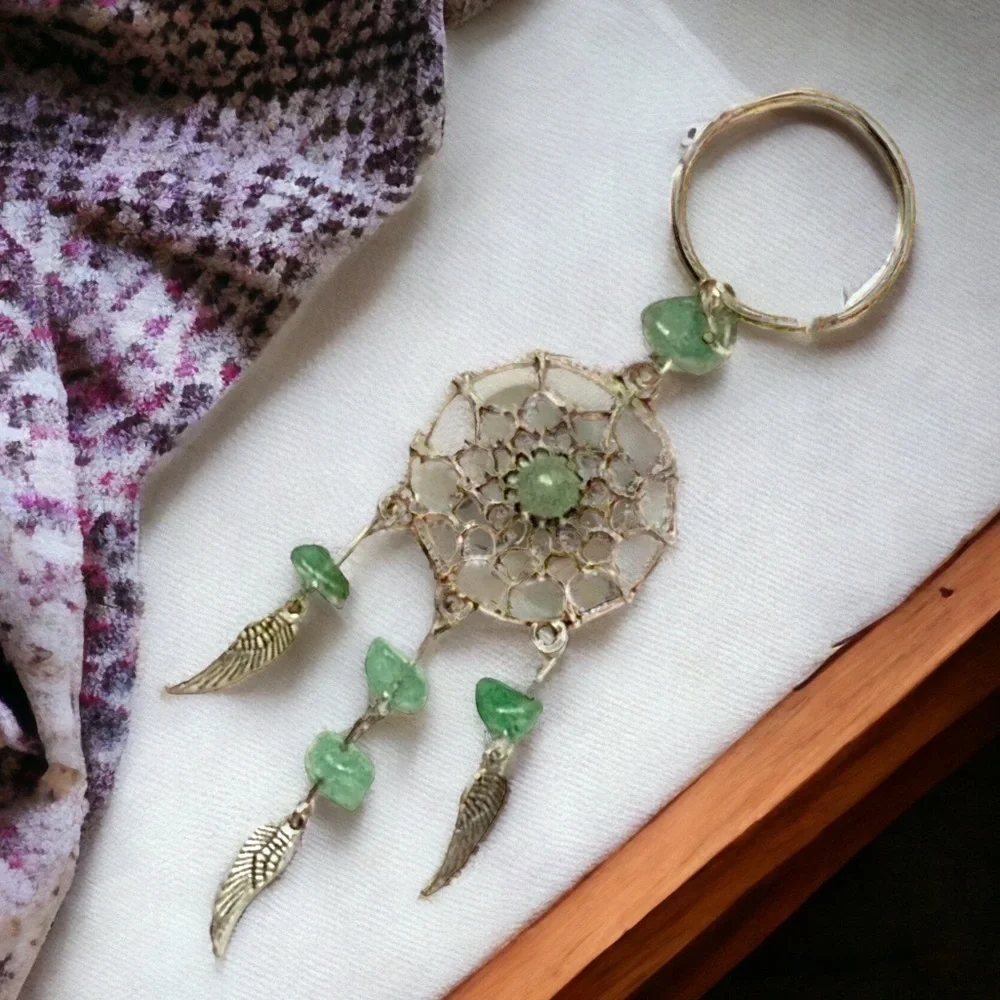 Dream Catcher Keyring Boho Native American Feathers Sea Glass Greens Silver Gift